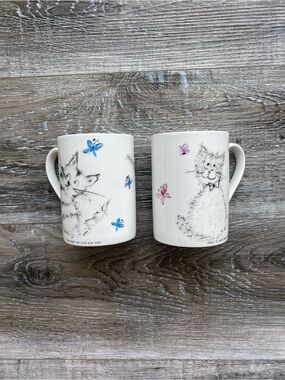 Set of 2 Whimsical Cat Butterfly Ceramic Mug - White with Blue & Pink Accents